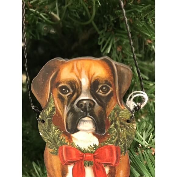 Boxer Dog Christmas Ornament Wreath Red Bow Wood Metal Hanger New - Picture 4 of 4